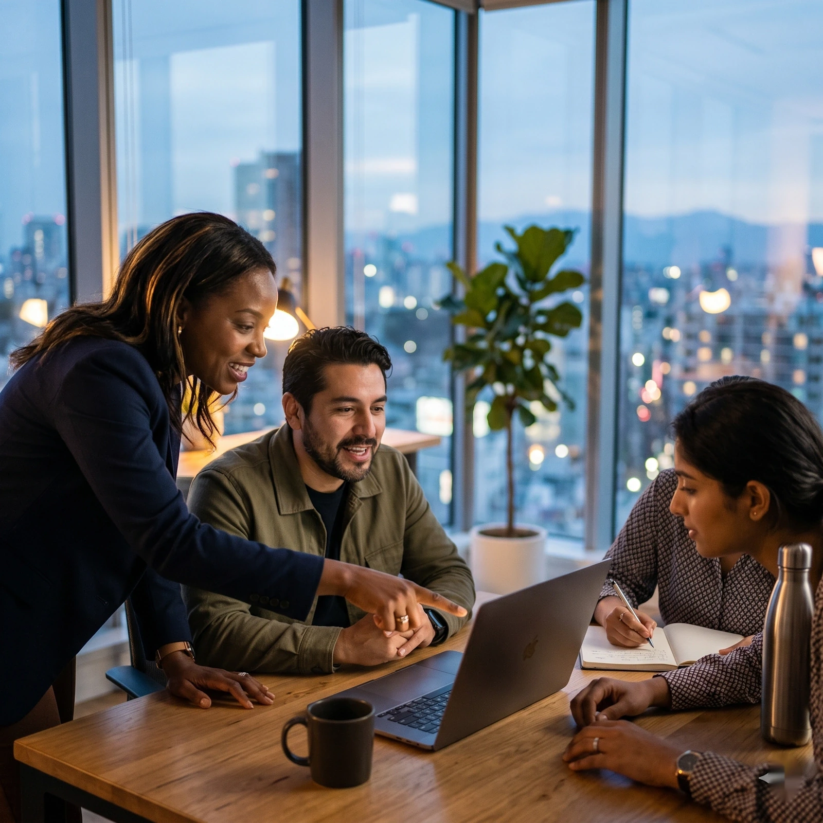 Diverse team collaborating on AI-assisted workflows in a modern office at dusk